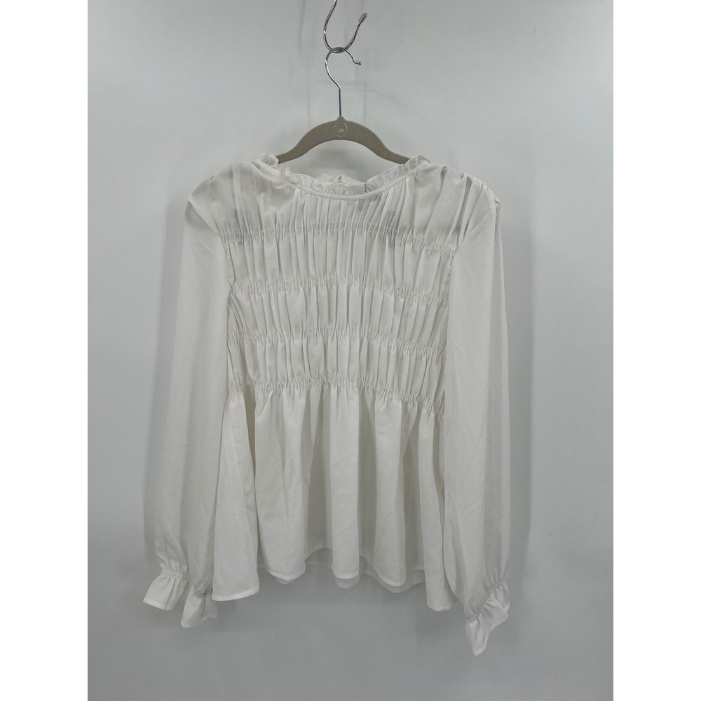Vero Moda White Smocked Peplum Blouse Long Sleeve Ruffle Neck Top Large